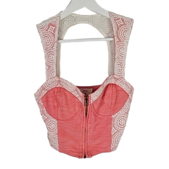Red-Pink Cream Lace Trim Zip Cami Corset Top - Picture 1 of 4